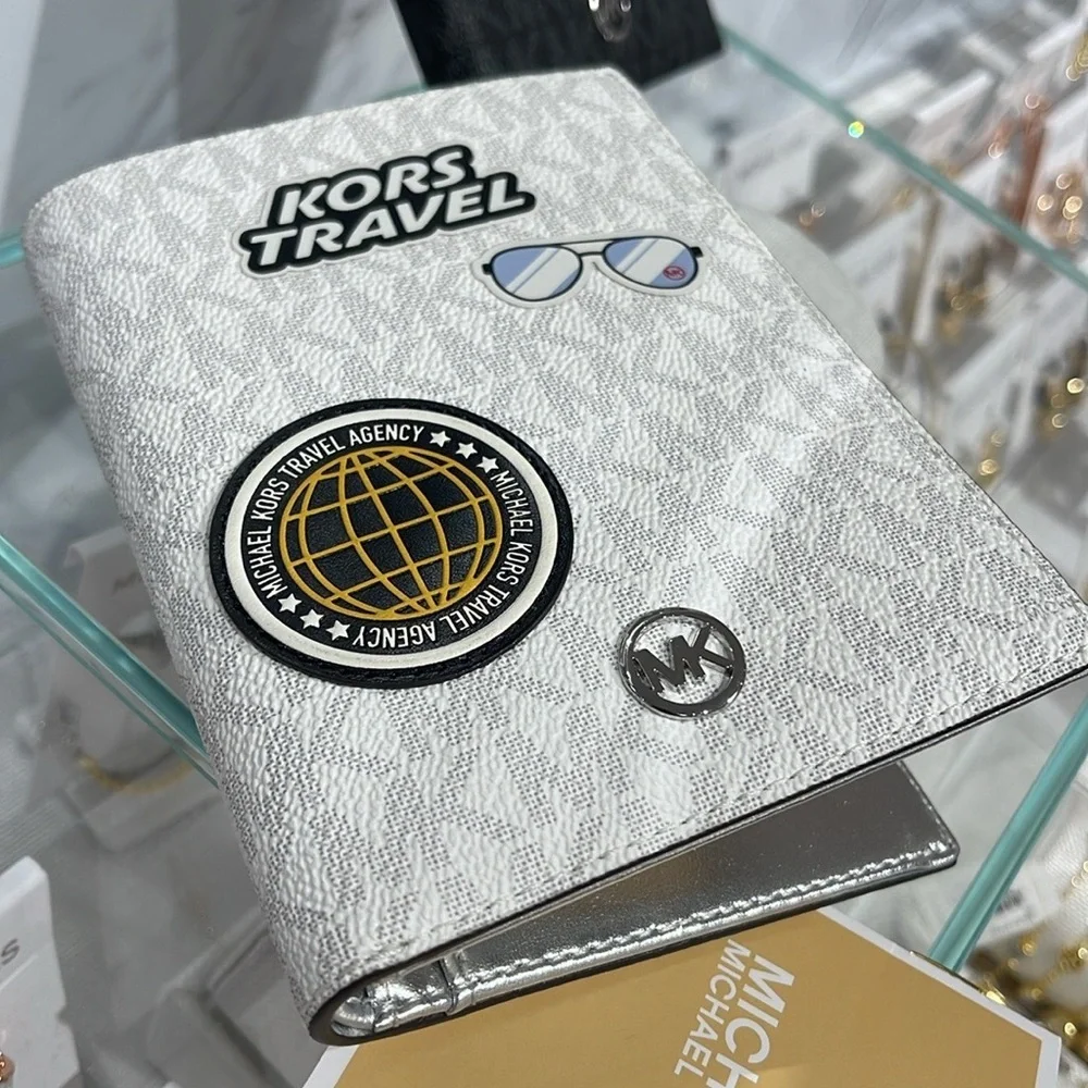 Michael Kors Jet Set Travel Md Embellished Signature Logo Passport Case Optic Wh